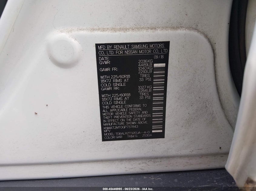 2016 Nissan Rogue VIN KNMAT2MT0GP737843 IAAI salvage auction — FRESH WATER, Salvage (Louisiana), sold $1,900 on 2026-07-14 (photo 9)