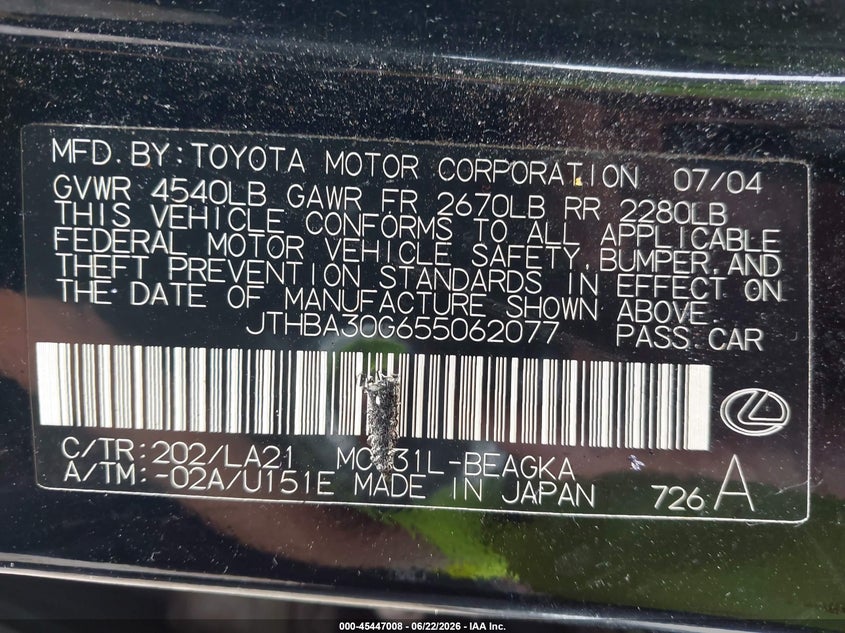 2005 Lexus ES VIN JTHBA30G655062077 IAAI salvage auction — NORMAL WEAR, Original (Ohio), sold $325 on 2026-07-30 (photo 9)