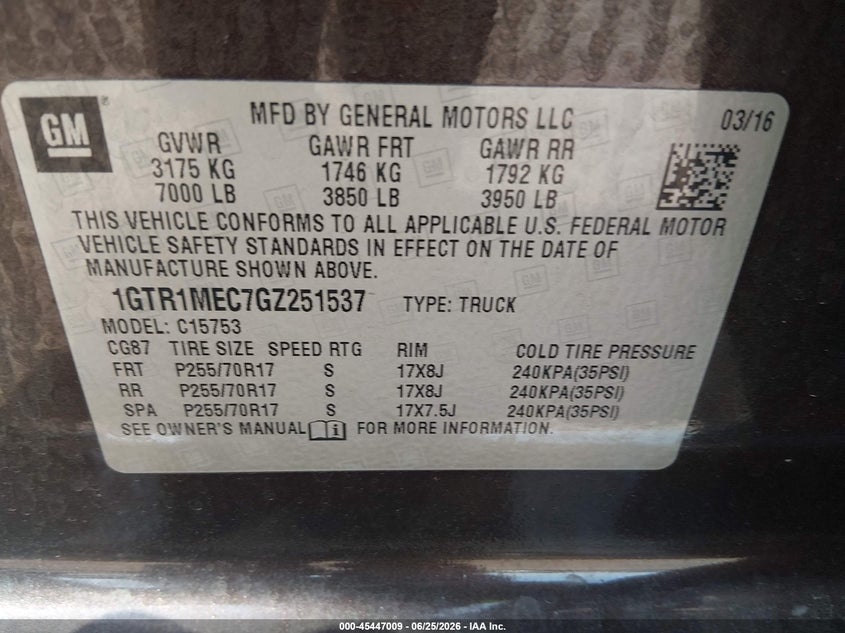 2016 Gmc SIERRA VIN 1GTR1MEC7GZ251537 IAAI salvage auction — LEFT FRONT, Clear (South Carolina), sold $6,100 on 2026-07-18 (photo 9)