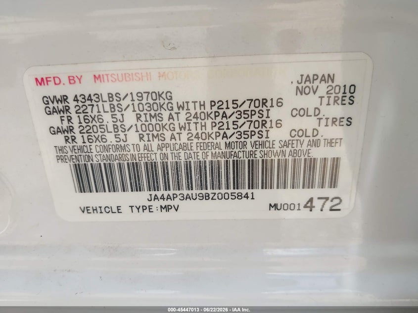 2011 Mitsubishi Outlander sport VIN JA4AP3AU9BZ005841 IAAI salvage auction — REAR END, Salvage (Alabama), sold $1,400 on 2026-07-17 (photo 9)
