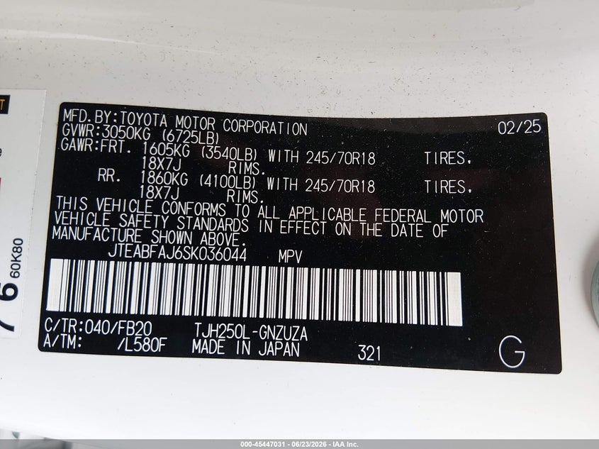 2025 Toyota Land cruiser VIN JTEABFAJ6SK036044 IAAI salvage auction — FRONT END, Clear (Arkansas), sold $20,100 on 2026-07-27 (photo 9)