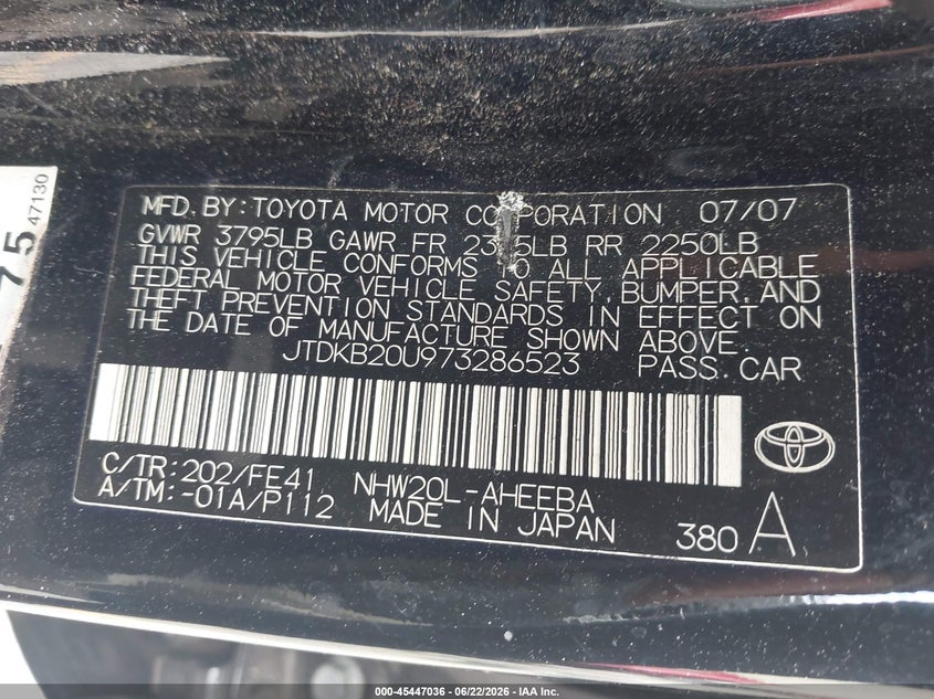2007 Toyota Prius VIN JTDKB20U973286523 IAAI salvage auction — REAR END, Salvage (Georgia), sold $25 on 2026-07-29 (photo 9)