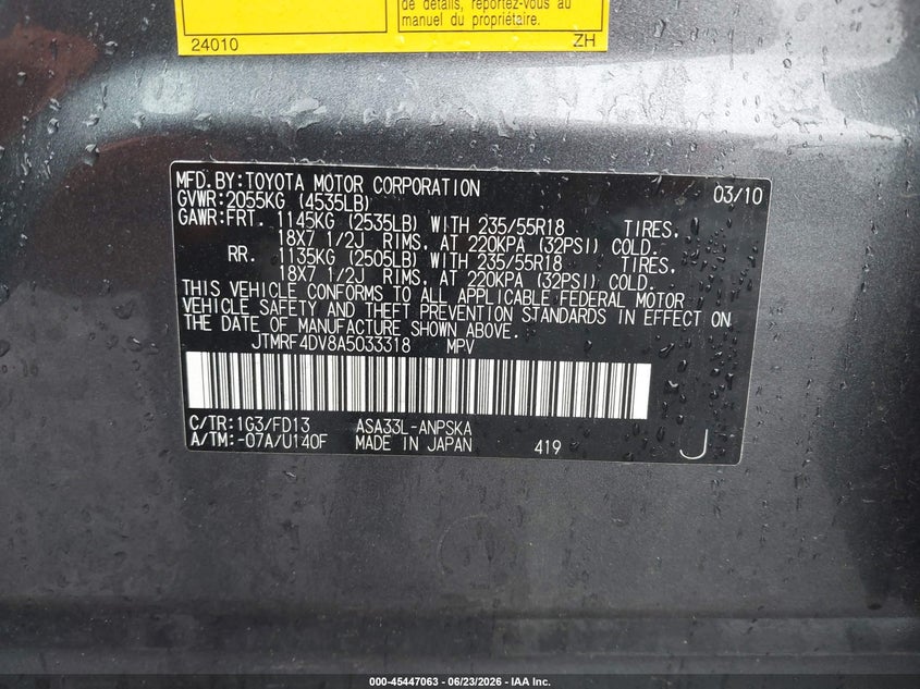 2010 Toyota Rav4 VIN JTMRF4DV8A5033318 IAAI salvage auction — RIGHT FRONT, Rebuildable (Florida), sold $2,150 on 2026-07-15 (photo 9)