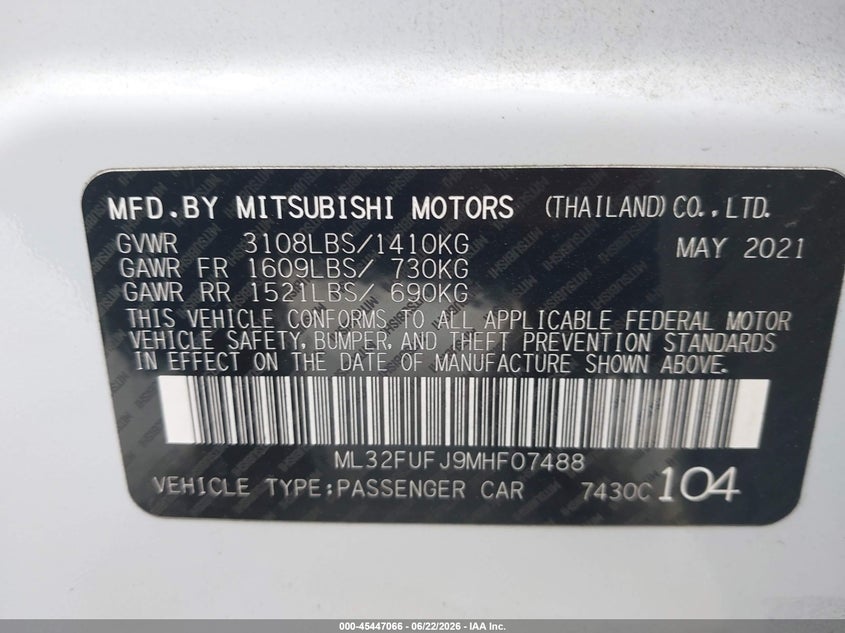 2021 Mitsubishi Mirage VIN ML32FUFJ9MHF07488 IAAI salvage auction — RIGHT SIDE, Salvage Title, sold $2,150 on 2026-07-17 (photo 9)