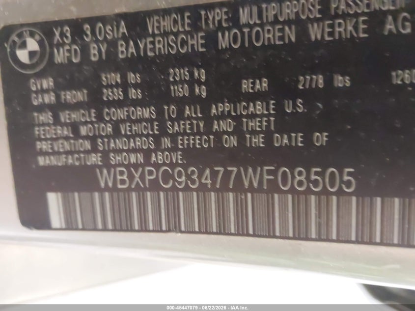 2007 BMW X3 VIN WBXPC93477WF08505 IAAI salvage auction — NORMAL WEAR, Clear (Minnesota), sold $350 on 2026-07-22 (photo 9)