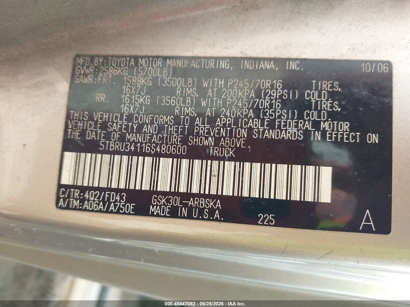 2006 Toyota Tundra VIN 5TBRU34116S480600 IAAI salvage auction — NORMAL WEAR, Clear (Alabama), sold $1,500 on 2026-07-07 (photo 9)
