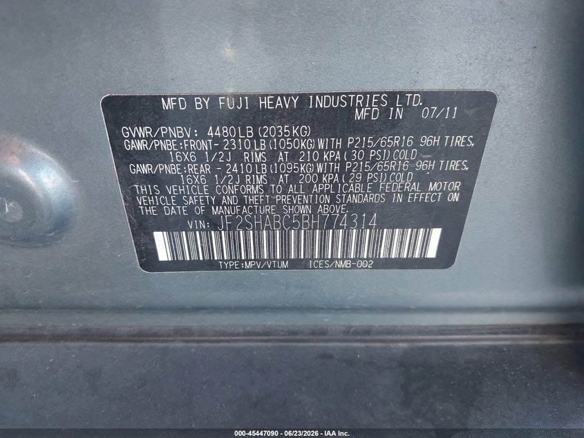 2011 Subaru Forester VIN JF2SHABC5BH774314 IAAI salvage auction — FRONT END, Salvage (California), sold $800 on 2026-07-16 (photo 9)