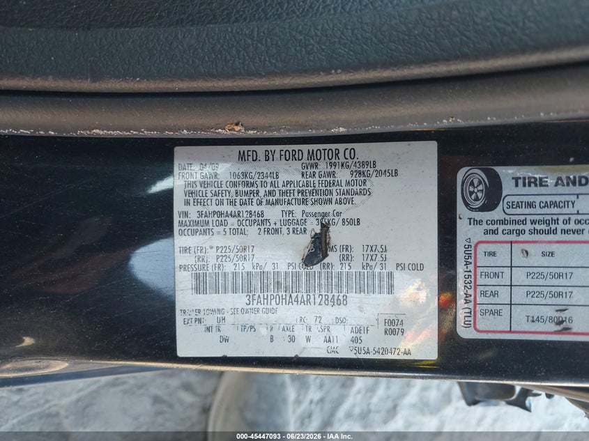 2010 Ford Fusion VIN 3FAHP0HA4AR128468 IAAI salvage auction — FRONT END, Rebuildable (Florida), sold $325 on 2026-07-10 (photo 9)