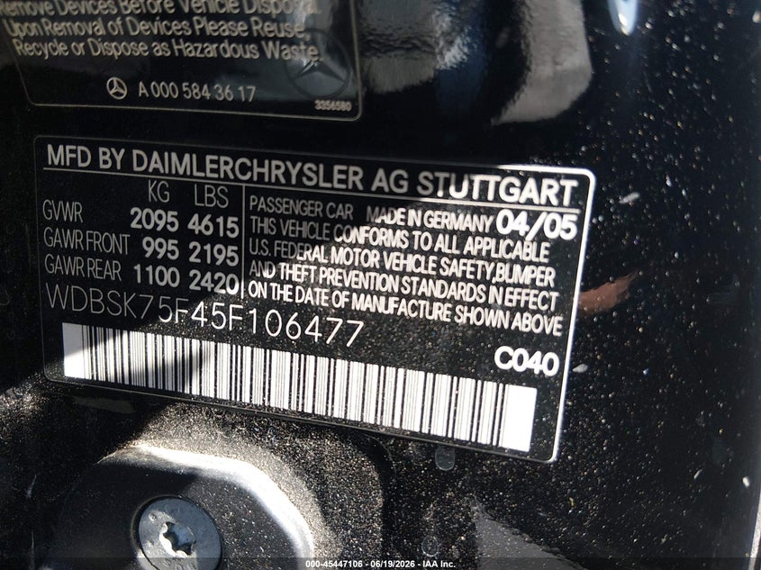 2005 Mercedes-benz Sl-class VIN WDBSK75F45F106477 IAAI salvage auction — NORMAL WEAR, Clear (Nevada), sold $575 on 2026-07-31 (photo 9)