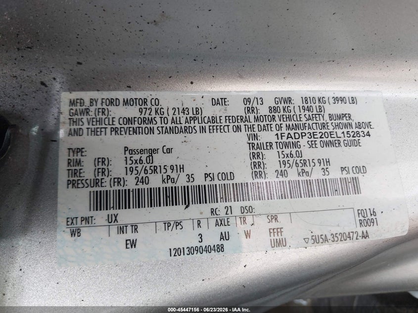 2014 Ford Focus VIN 1FADP3E20EL152834 IAAI salvage auction — REAR END, Salvage (North Carolina), sold $400 on 2026-07-09 (photo 9)