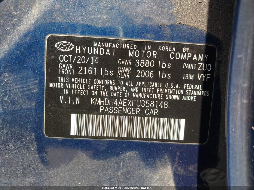 2015 Hyundai Elantra VIN KMHDH4AEXFU358148 IAAI salvage auction — THEFT, Salvage Title, sold $950 on 2026-07-22 (photo 9)
