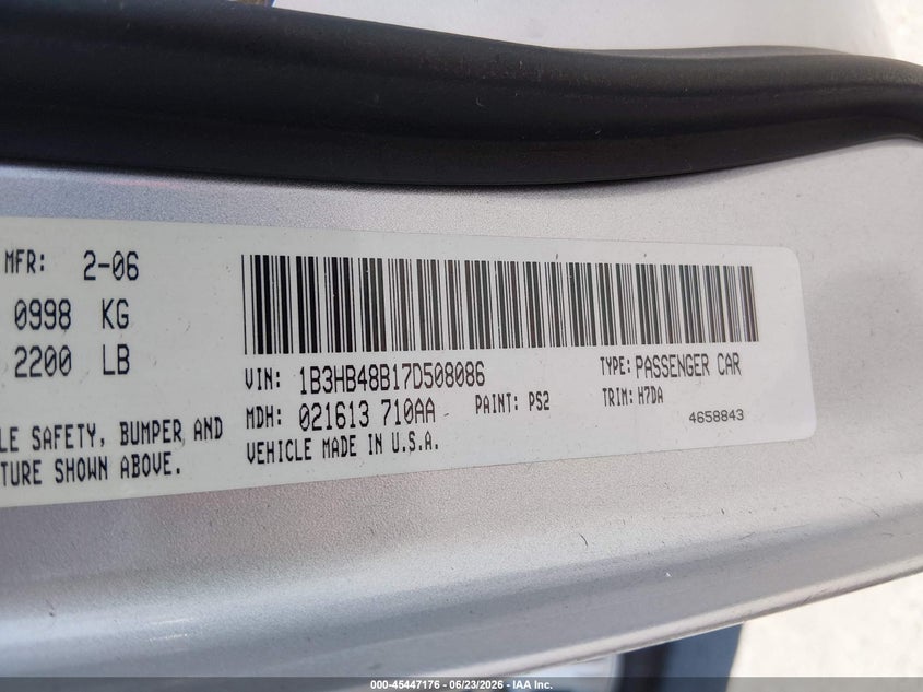2007 Dodge Caliber VIN 1B3HB48B17D508086 IAAI salvage auction — REAR END, Salvage (California), sold $250 on 2026-07-09 (photo 9)