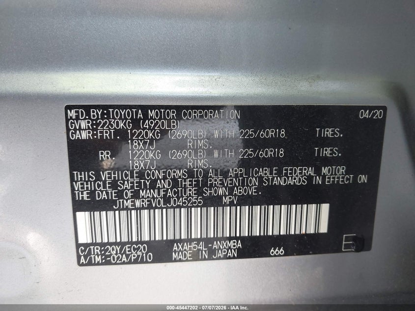 2020 Toyota Rav 4 VIN JTMEWRFV0LJ045255 IAAI salvage auction — REAR END, Salvage (North Carolina), sold $15,400 on 2026-07-27 (photo 9)