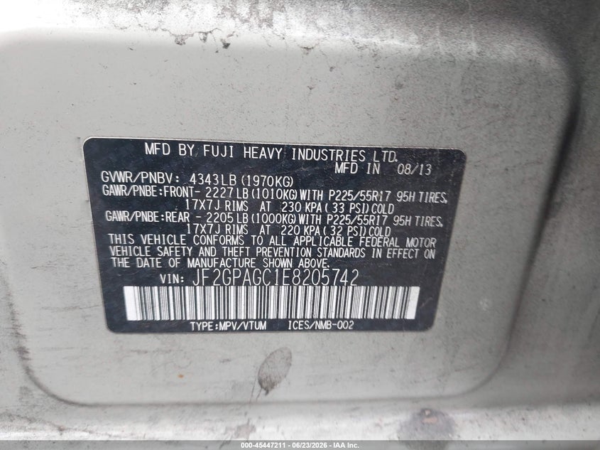 2014 Subaru Xv VIN JF2GPAGC1E8205742 IAAI salvage auction — RIGHT SIDE, Salvage Title, sold $650 on 2026-07-30 (photo 9)
