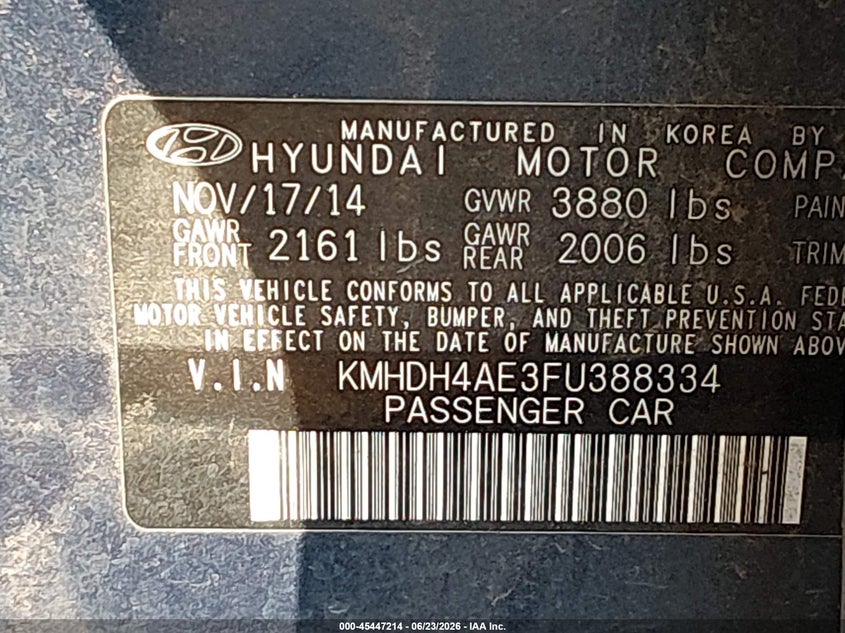 2015 Hyundai Elantra VIN KMHDH4AE3FU388334 IAAI salvage auction — REAR END, Salvage (Arizona), sold $1,800 on 2026-07-14 (photo 9)