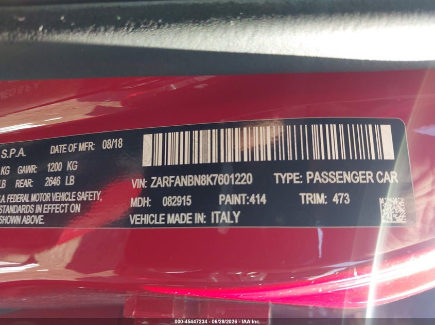 2019 Alfa romeo Giulia VIN ZARFANBN8K7601220 IAAI salvage auction — FRONT END, Salvage Title, sold $875 on 2026-08-01 (photo 9)