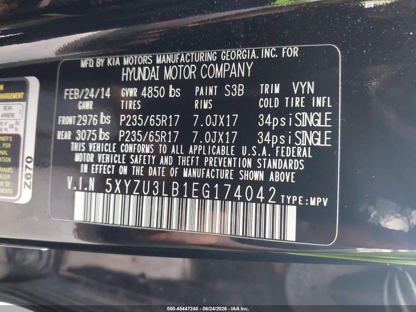 2014 Hyundai Santa fe VIN 5XYZU3LB1EG174042 IAAI salvage auction — UNKNOWN, Salvage (Mississippi), sold $2,100 on 2026-07-24 (photo 9)
