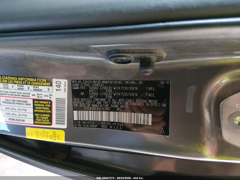 2016 Toyota Sienna VIN 5TDJK3DCXGS143887 IAAI salvage auction — REAR END, Salvage (Iowa), sold $1,050 on 2026-07-28 (photo 9)