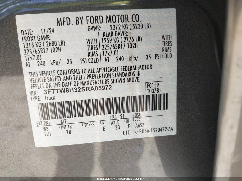 2025 Ford Maverick VIN 3FTTW8H32SRA05972 IAAI salvage auction — FRONT & REAR, Salvage (Georgia), sold $8,000 on 2026-07-30 (photo 9)
