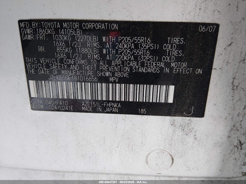 2008 Scion Xb VIN JTLKE50E181016656 IAAI salvage auction — LEFT FRONT, Salvage (California), sold $325 on 2026-07-30 (photo 9)