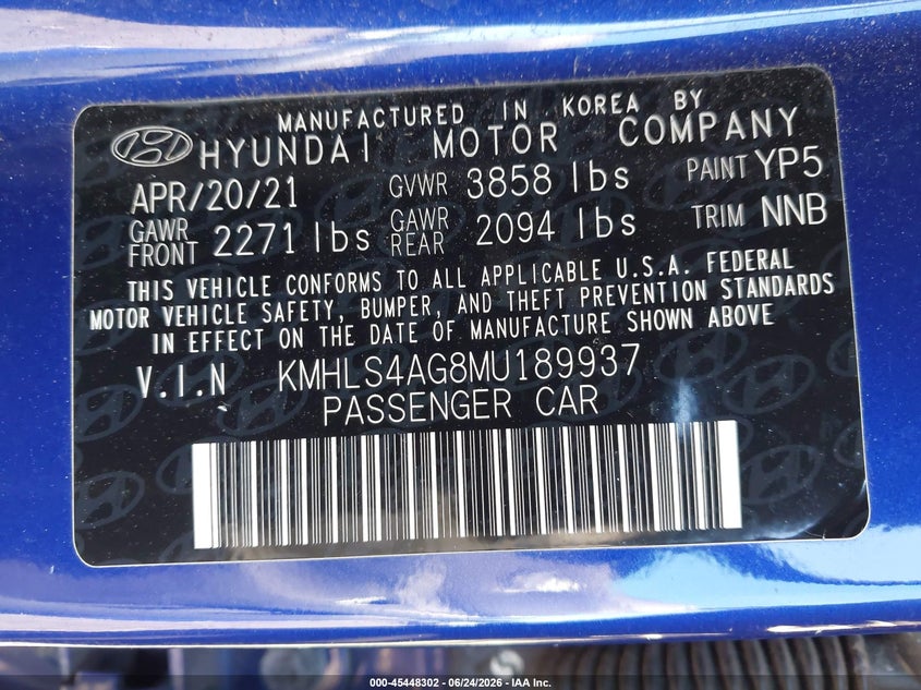 2021 Hyundai Elantra VIN KMHLS4AG8MU189937 IAAI salvage auction — FRONT END, Salvage (New Jersey), sold $2,450 on 2026-07-28 (photo 9)