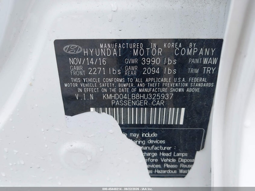 2017 Hyundai Elantra VIN KMHD04LB8HU325937 IAAI salvage auction — FRONT END, Salvage (Ohio), sold $4,200 on 2026-07-14 (photo 9)