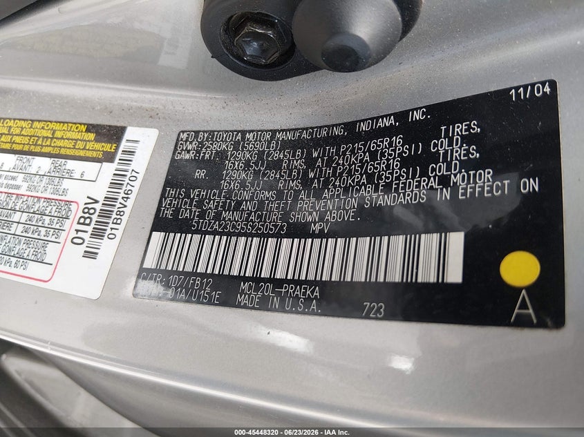 2005 Toyota Sienna VIN 5TDZA23C95S250573 IAAI salvage auction — RIGHT FRONT, Salvage (California), sold $925 on 2026-07-16 (photo 9)