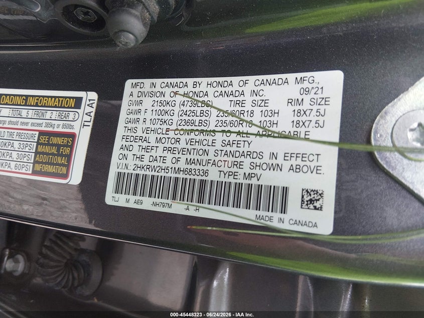 2021 Honda Cr-v VIN 2HKRW2H51MH683336 IAAI salvage auction — LEFT FRONT, Clear (South Carolina), sold $6,800 on 2026-07-25 (photo 9)