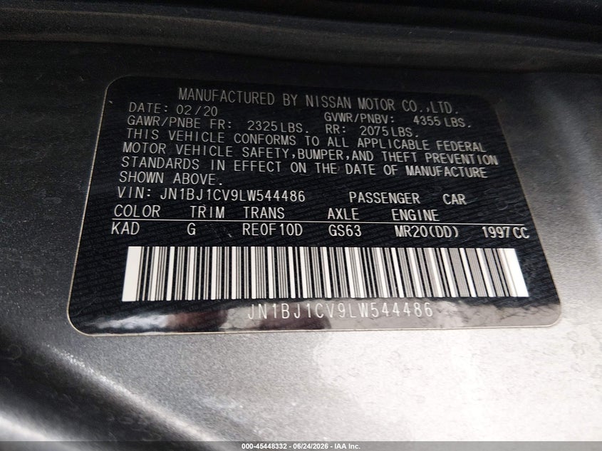 2020 Nissan Rogue VIN JN1BJ1CV9LW544486 IAAI salvage auction — LEFT FRONT, Salvage Title, sold $4,550 on 2026-07-28 (photo 9)
