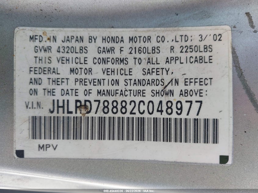 2002 Honda Cr-v VIN JHLRD78882C048977 IAAI salvage auction — NORMAL WEAR, Clear (Illinois), sold $450 on 2026-07-20 (photo 9)