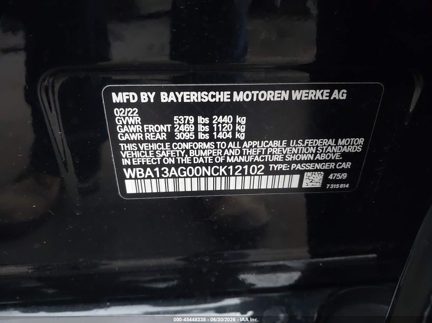 2022 BMW 5er VIN WBA13AG00NCK12102 IAAI salvage auction — REAR END, Salvage Title, sold $22,300 on 2026-07-13 (photo 9)