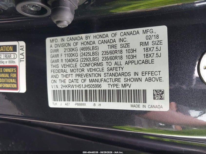 2018 Honda Cr-v VIN 2HKRW1H51JH505996 IAAI salvage auction — REAR END, Salvage Title, sold $8,100 on 2026-07-12 (photo 9)