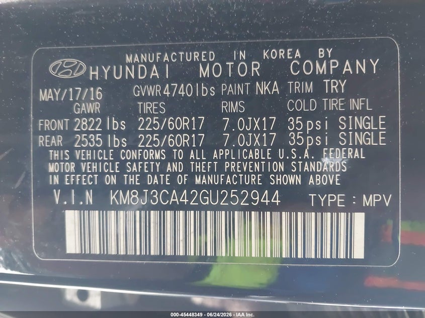 2016 Hyundai Tucson VIN KM8J3CA42GU252944 IAAI salvage auction — THEFT, Salvage (North Carolina), sold $4,275 on 2026-07-13 (photo 9)