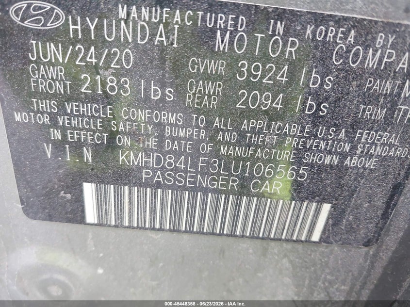 2020 Hyundai Elantra VIN KMHD84LF3LU106565 IAAI salvage auction — THEFT, Salvage (Maryland), sold $2,900 on 2026-07-27 (photo 9)