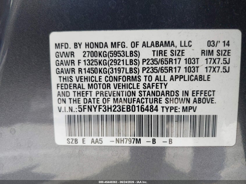 2014 Honda Pilot VIN 5FNYF3H23EB016484 IAAI salvage auction — RIGHT FRONT, Salvage (California), sold $4,000 on 2026-07-09 (photo 9)