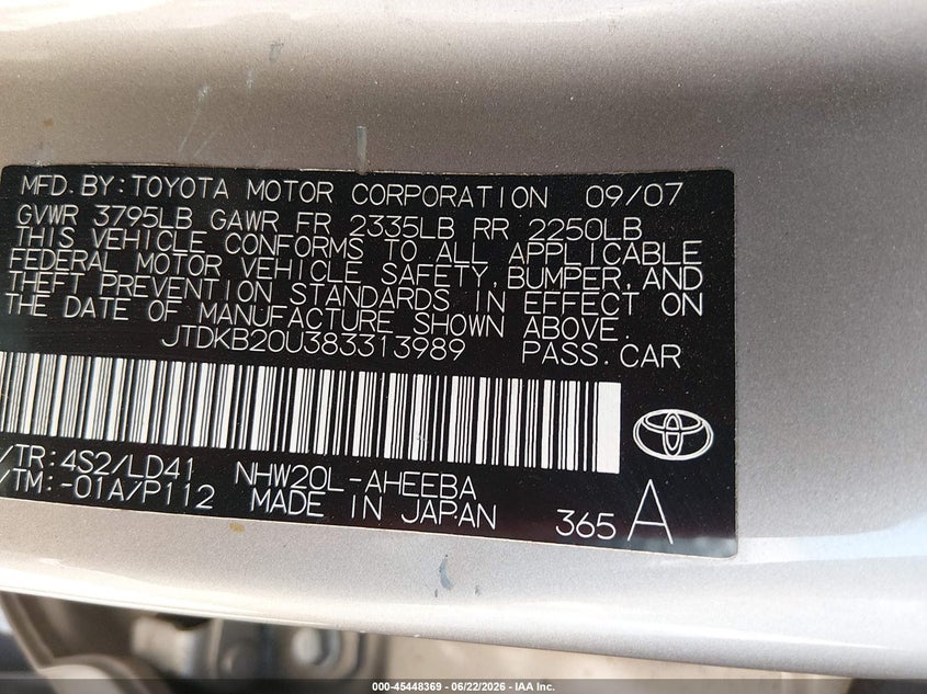 2008 Toyota Prius VIN JTDKB20U383313989 IAAI salvage auction — NORMAL WEAR, Clear-Dealer Only (Arizona), sold $1,500 on 2026-07-28 (photo 9)