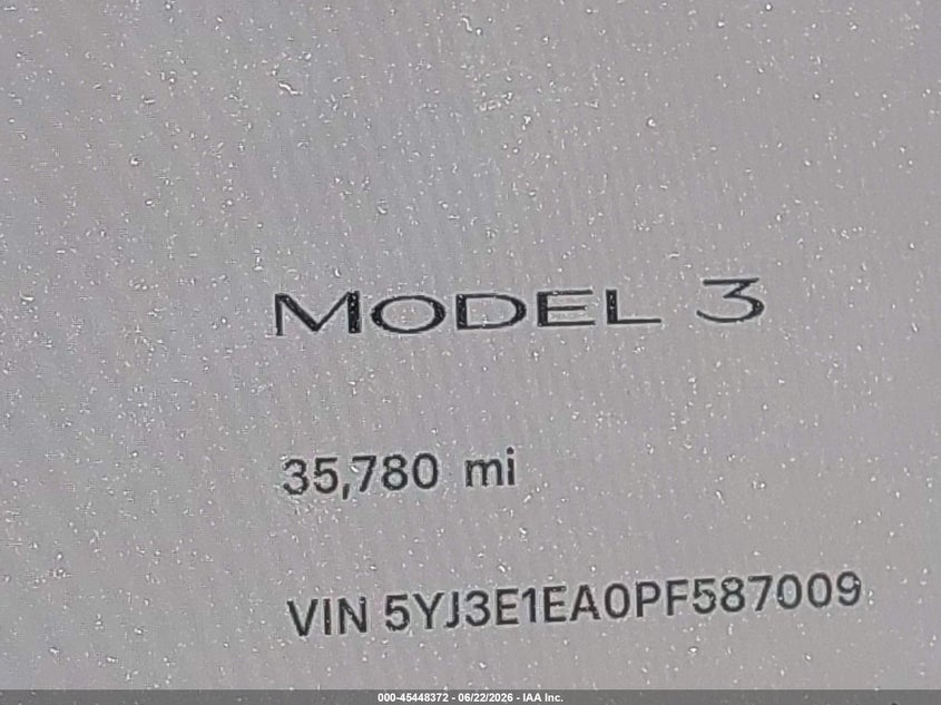 2023 Tesla Model 3 VIN 5YJ3E1EA0PF587009 IAAI salvage auction — FRONT END, Salvage (California), sold $9,400 on 2026-07-20 (photo 7)