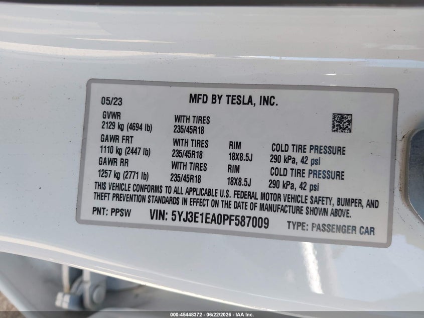 2023 Tesla Model 3 VIN 5YJ3E1EA0PF587009 IAAI salvage auction — FRONT END, Salvage (California), sold $9,400 on 2026-07-20 (photo 9)