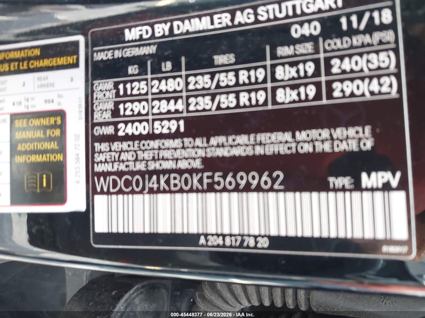 2019 Mercedes-benz Glc coupe VIN WDC0J4KB0KF569962 IAAI salvage auction — FRONT END, Rebuildable (Florida), sold $5,300 on 2026-07-30 (photo 9)
