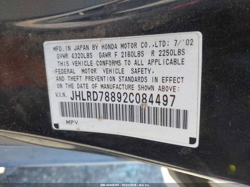 2002 Honda Cr-v VIN JHLRD78892C084497 IAAI salvage auction — THEFT, Salvage (California), sold $250 on 2026-07-28 (photo 9)