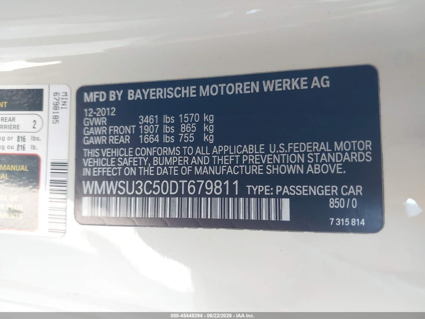 2013 Mini Hard top VIN WMWSU3C50DT679811 IAAI salvage auction — RIGHT SIDE, Salvage (California), sold $1,500 on 2026-07-15 (photo 9)