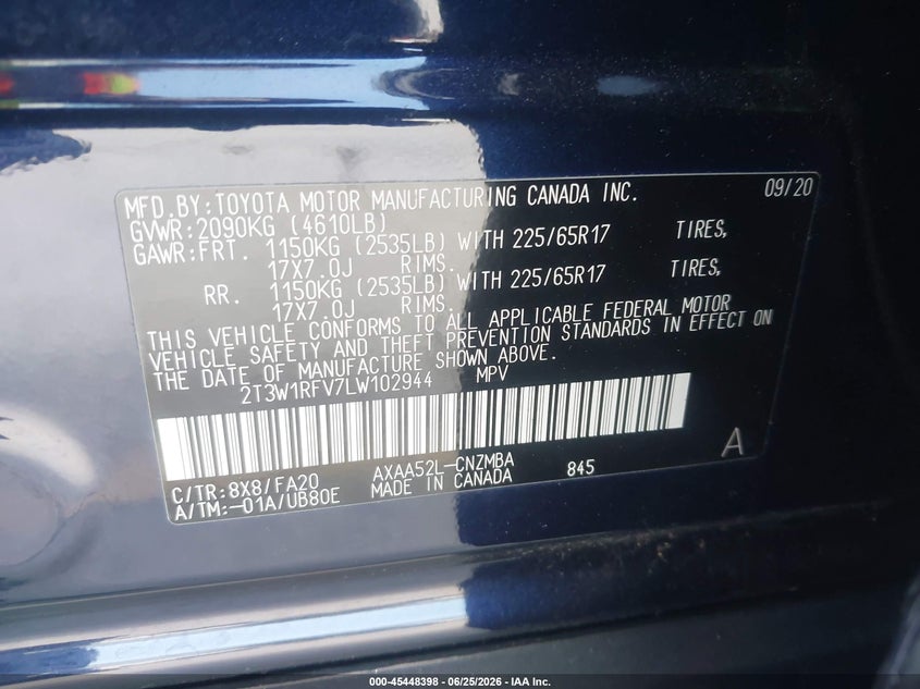 2020 Toyota Rav 4 VIN 2T3W1RFV7LW102944 IAAI salvage auction — FRONT END, Salvage (California), sold $7,600 on 2026-07-29 (photo 9)