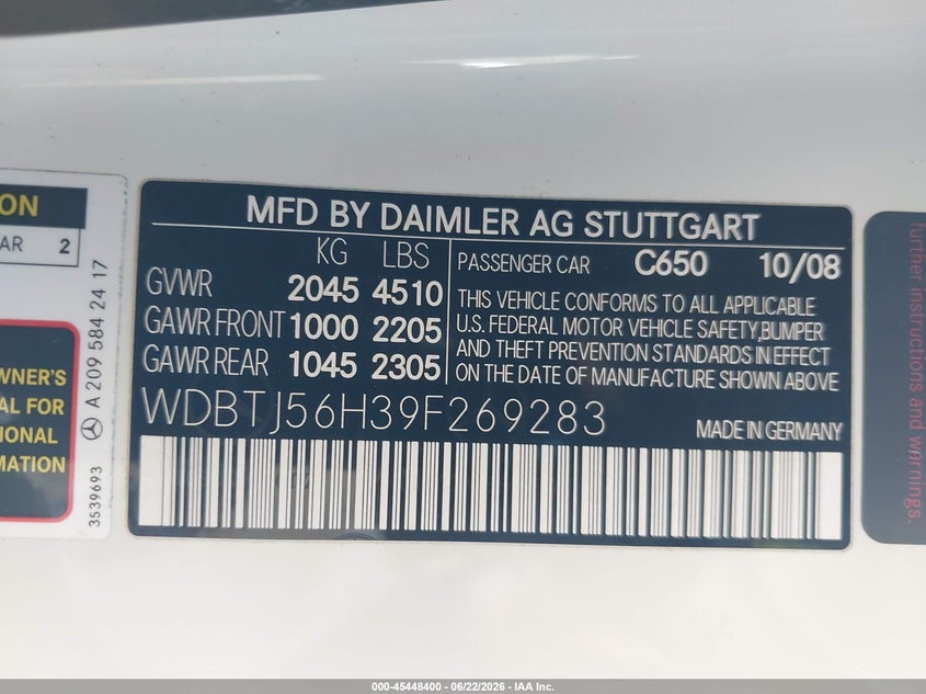 2009 Mercedes-benz Clk-class VIN WDBTJ56H39F269283 IAAI salvage auction — NORMAL WEAR, Clear (California), sold $1,450 on 2026-07-22 (photo 9)