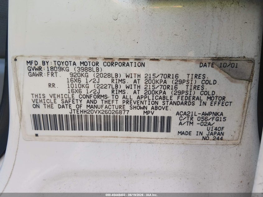 2002 Toyota Rav4 VIN JTEHH20VX26026877 IAAI salvage auction — NORMAL WEAR, Clear-Dealer Only (Washington), sold $275 on 2026-07-09 (photo 9)