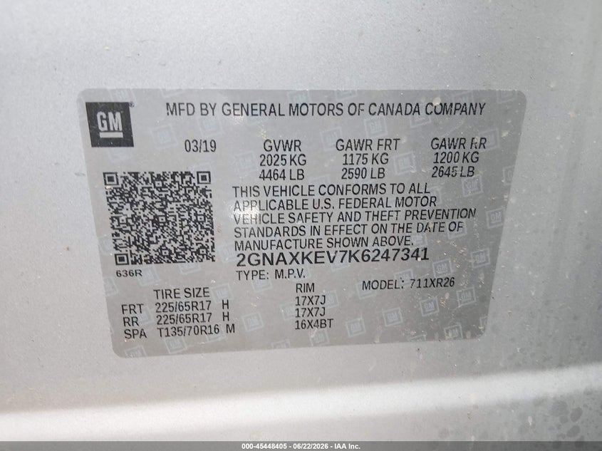 2019 Chevrolet Equinox VIN 2GNAXKEV7K6247341 IAAI salvage auction — FRONT & REAR, Salvage (Missouri), sold $1,900 on 2026-07-19 (photo 9)