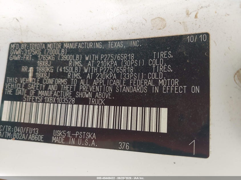 2011 Toyota Tundra VIN 5TFEY5F1XBX103528 IAAI salvage auction — NORMAL WEAR, Clear (Alabama), sold $1,650 on 2026-07-14 (photo 9)