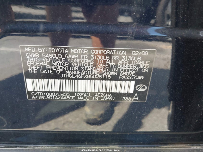 2008 Lexus Ls 460 VIN JTHGL46FX85028118 IAAI salvage auction — NORMAL WEAR, Clear (North Carolina), sold $2,200 on 2026-07-09 (photo 9)