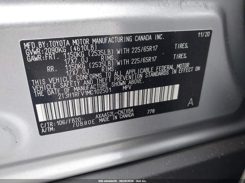 2021 Toyota Rav 4 VIN 2T3H1RFV1MC102501 IAAI salvage auction — LEFT REAR, Salvage Title, sold $7,000 on 2026-07-25 (photo 9)
