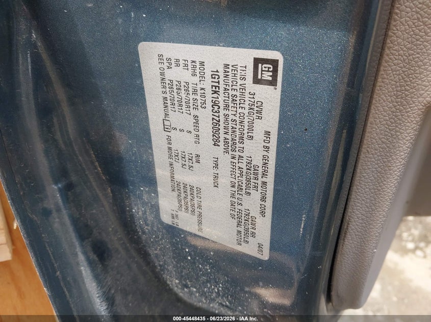 2007 Gmc Sierra 1500 VIN 1GTEK19C37Z609284 IAAI salvage auction — RIGHT FRONT, Bill Of Sale (Alaska), sold $400 on 2026-07-12 (photo 9)