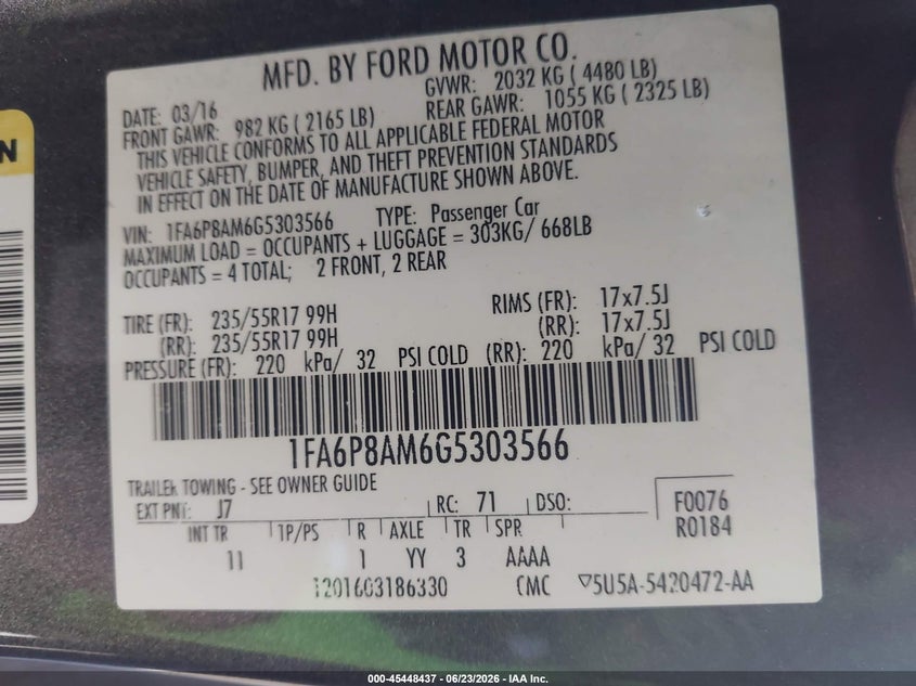 2016 Ford Mustang VIN 1FA6P8AM6G5303566 IAAI salvage auction — LEFT FRONT, Salvage Title, sold $1,550 on 2026-07-24 (photo 9)